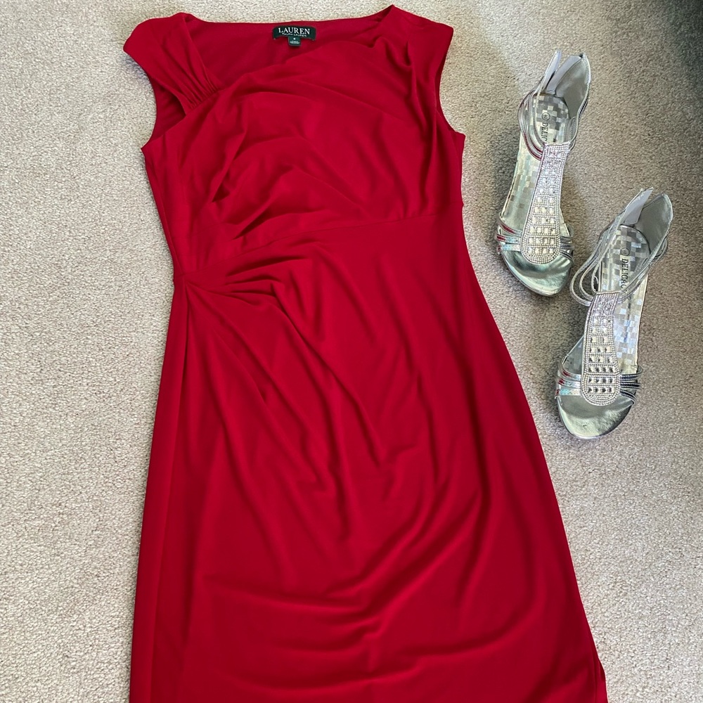 Ralph Lauren ruby red cocktail formal party midi dress size 8